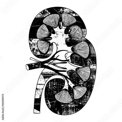 Vector Detailed anatomical of a human kidney with calyces and renal pelvis.