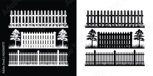 Assortment of picket fences with grass and trees, depicted in silhouette on both black and white backgrounds for versatile design applications