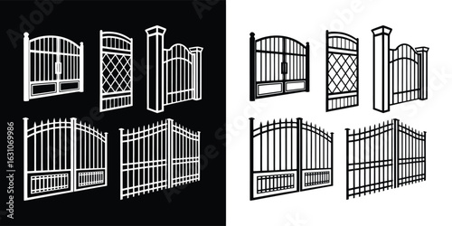 Collection of elegant wrought iron gates and fences, decorative architectural elements for property entrances and boundaries, isolated on white background
