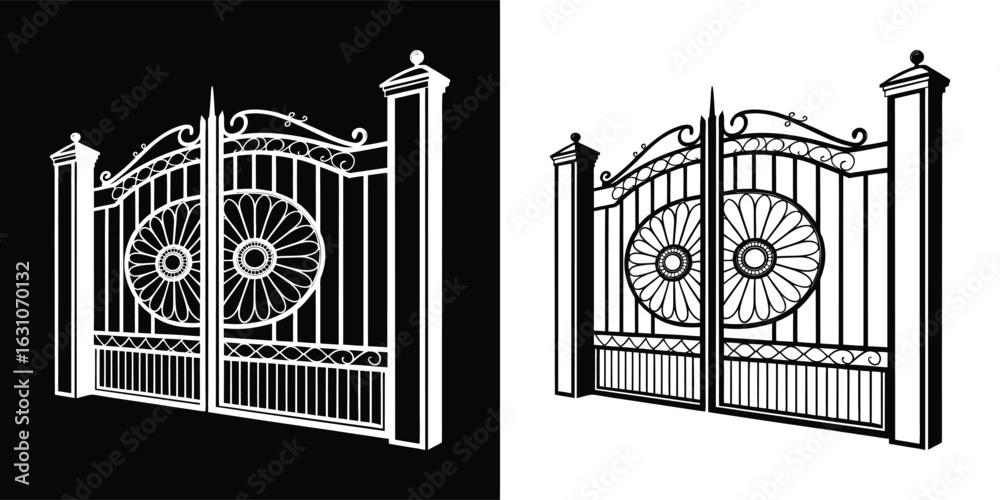 Obraz premium Ornate wrought iron gate and door isolated on white background