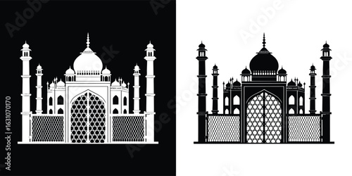 Iconic taj mahal monument in agra, india, a white silhouette against a black background, representing historical architecture and cultural heritage