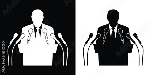 Silhouette of a speaker at a podium with microphones, representing public speaking, politics, and debate