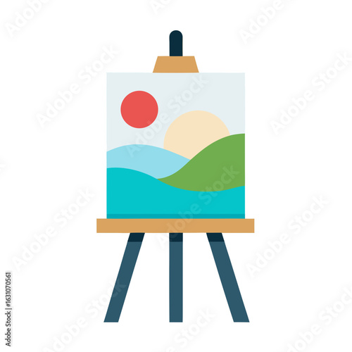 A flat design illustration of a painting on an easel depicting a simple landscape with hills and sun