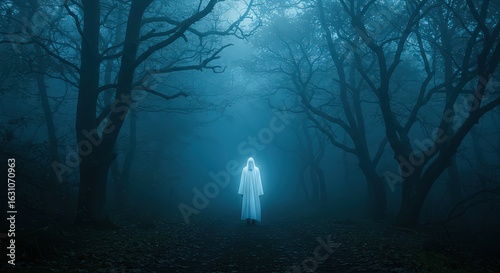 Wallpaper Mural A figure in white robe standing in a foggy forest with tall dark trees and a blueish light around it Torontodigital.ca