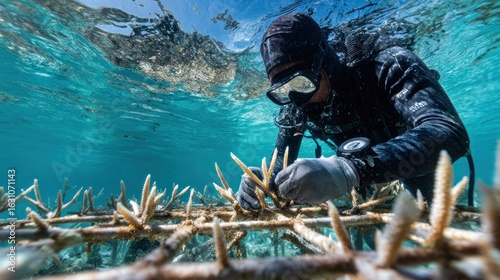 Fototapeta Naklejka Na Ścianę i Meble -  Underwater Coral Reef Restoration: A Diver's Crucial Work