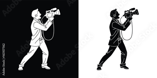 Cameraman with video camera isolated on white background