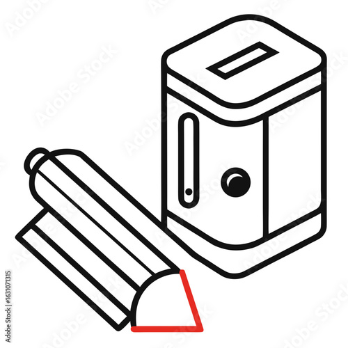 Simple isometric illustration of a red pencil sharpener a red and white pencil and an eraser on a white background