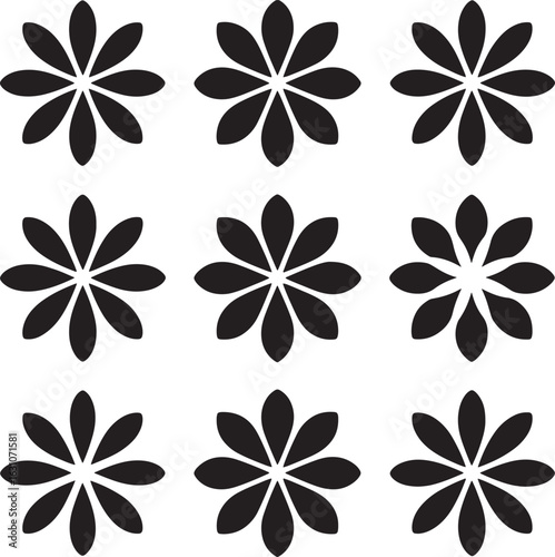 Nine identical black floral starburst patterns arranged in a grid