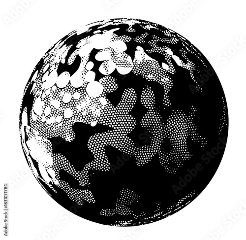 Vector Halftone sphere depicts a celestial body with contrasting areas.