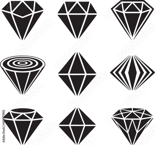 Collection of nine stylized black diamond shapes with varying facets