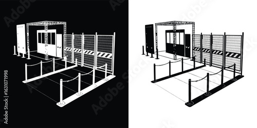 Security checkpoint with barriers and ropes, controlling access to an area, isolated on white background