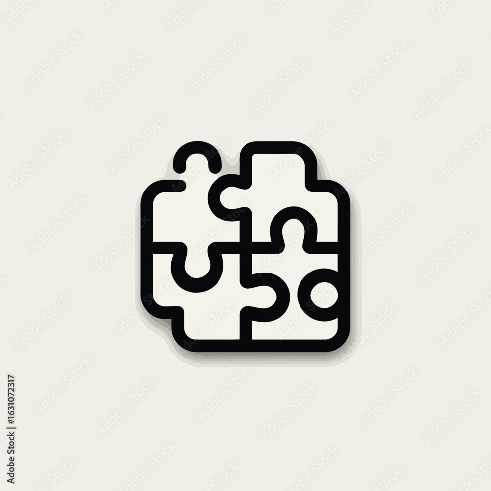 Fototapeta premium Interlocking Puzzle Pieces Icon with Black Stroke and Soft Shadow Effect
