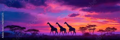 Jungle animal Silhouettes of Giraffes Walking at Sunset with Vibrant Purple and Pink Sky – Wildlife African Savannah Background