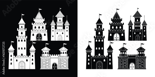 Set of fairytale medieval royal palace fortress silhouettes in black and white, isolated on white background