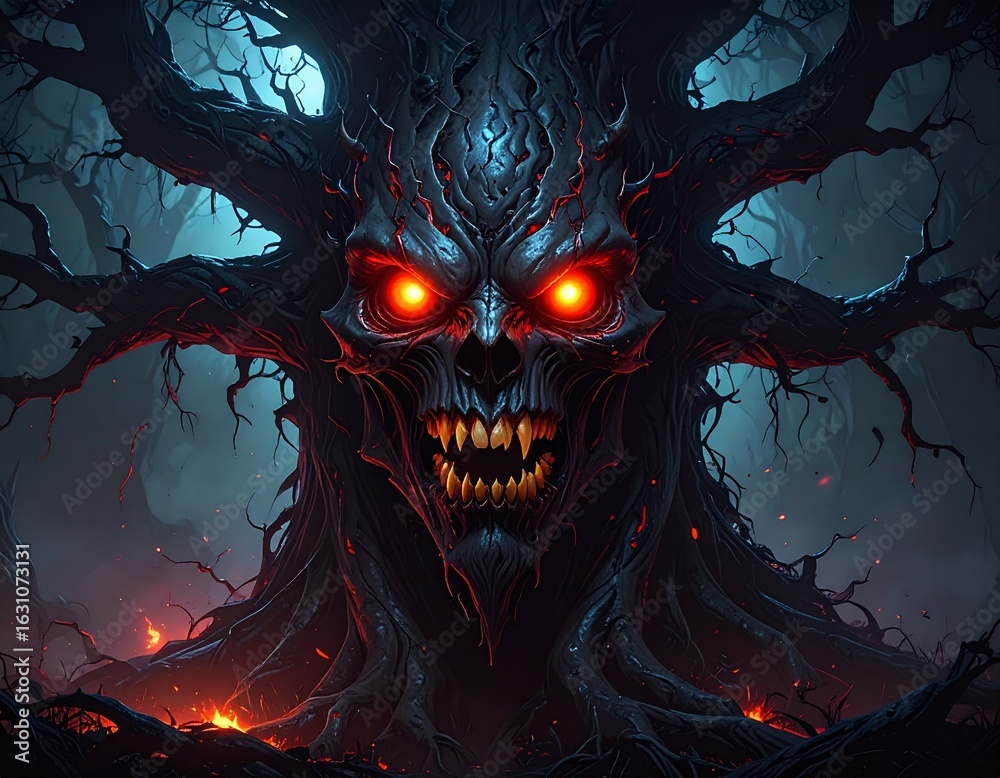 A digitally illustrated terrifying and scary tree creature with sharp, spiky branches and glowing red eyes, standing in a dark and eerie setting. A digitally illustrated terrifying and scary tree creature with sharp, spiky branches and glowing red eyes, standing in a dark and eerie setting.