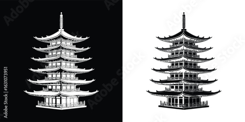 Traditional japanese pagoda temple architecture, a multitiered ancient building, symbolizing cultural heritage and spiritual significance, isolated on white background