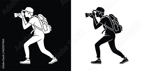 Silhouette of a photographer with a backpack, capturing a moment with their camera, symbolizing travel and exploration