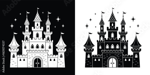 Fantasy fairytale castle with towers and flags, a black silhouette against a white background, symbolizing a magical kingdom and medieval architecture