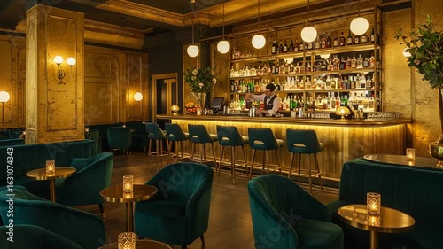 Elegant bar scene with bartender serving drinks at night