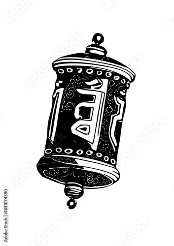 Vector Detailed of a traditional Tibetan prayer wheel with mantra.