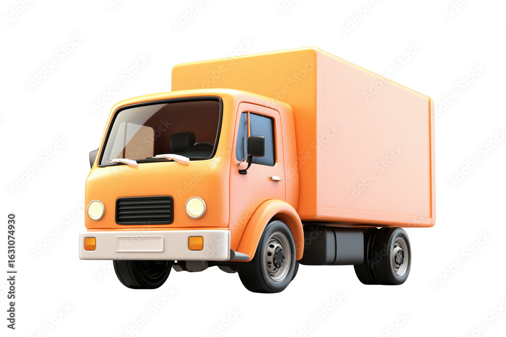 Fototapeta premium Orange box truck with a cargo container and black wheels isolated on a transparent background vehicle
