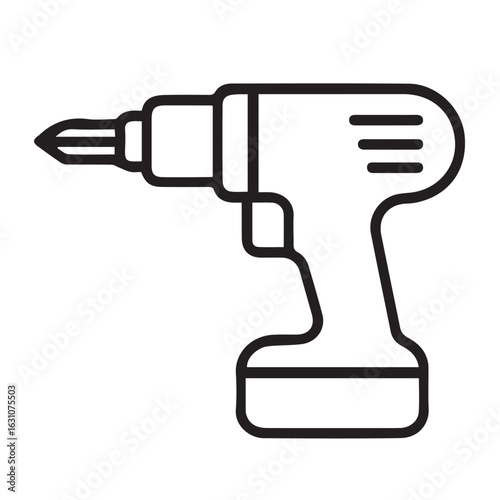 A black and white vector image of a power drill, created in minimal style with thick black outlines for strong visual clarity and simplicity.

