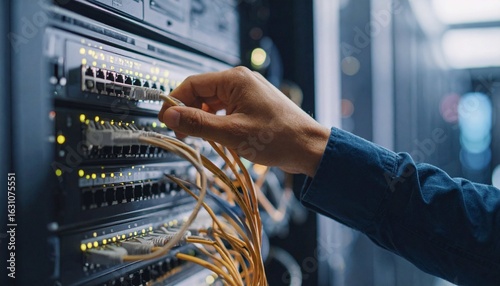 A technician's hands connecting network cables to a server or switch in a data center or server room. Showing network infrastructure, connectivity, and IT system mai,network cables connected to switch