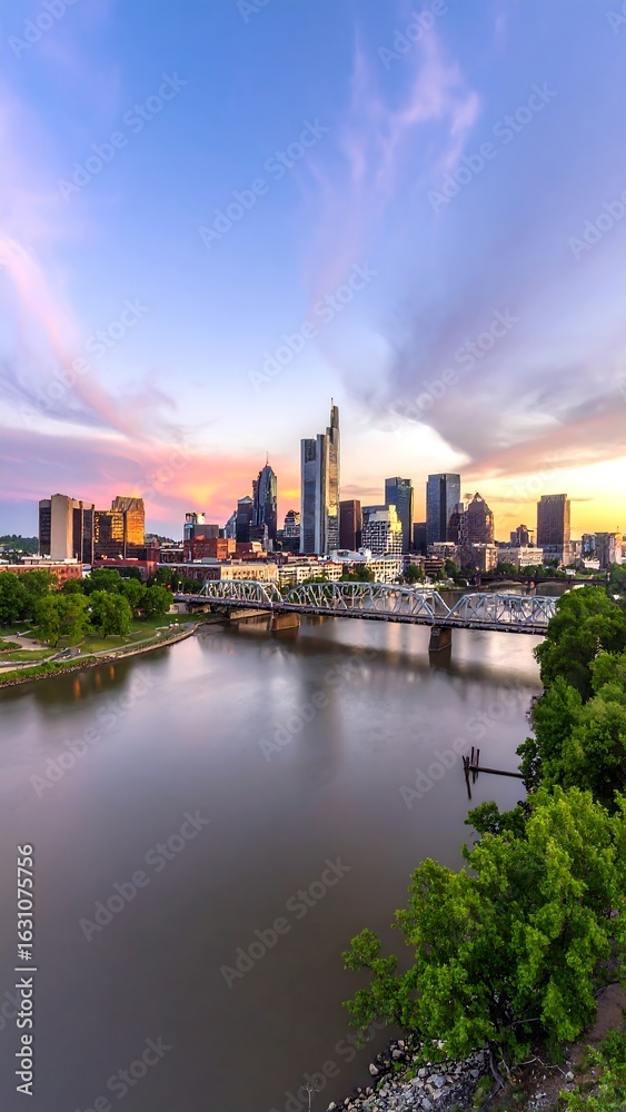 Obraz premium City skyline at sunset over river (7)