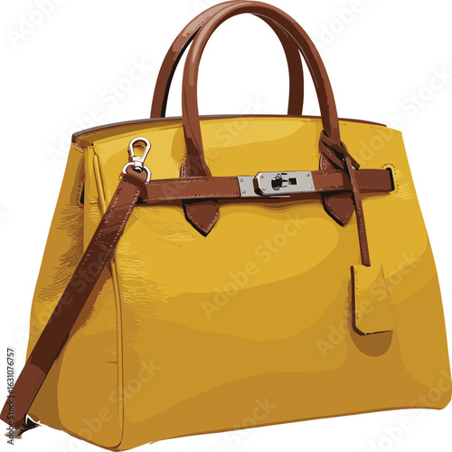Stylish Yellow Leather Handbag with Shoulder Strap, Fashion Accessory Vector Illustration, Designer Purse CAD Template, Elegant Women’s Bag for Branding, Mockup, and Product Display