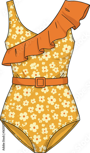 One shoulder floral swimsuit with ruffle detail and belt, fashionable beachwear vector, summer swimwear flat design, trendy women’s one piece illustration