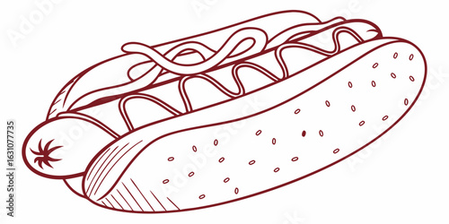 Downloadable outline drawing of a delicious hotdog with mustard for coloring pages and design projects on transparent background