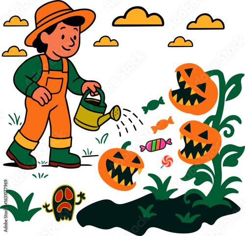 Gardener feeds candy to glowing, fanged pumpkin plants.