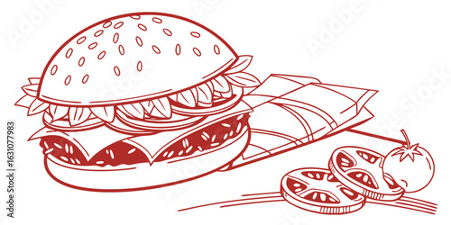Delicious burger with tomato slices vector illustration for food menu and fast food restaurant design needs on transparent background