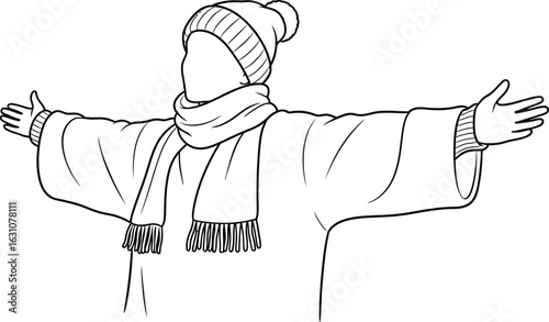 Person wearing winter hat and scarf with arms outstretched drawing