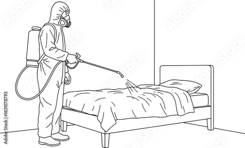 Disinfection service worker spraying sanitizer on bed outline art