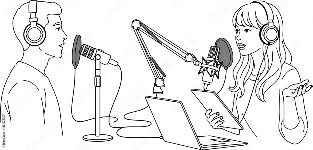 Obraz premium Podcast recording studio with man and woman podcasting concept
