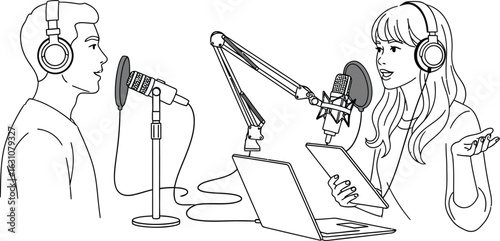 Podcast recording studio with man and woman podcasting concept