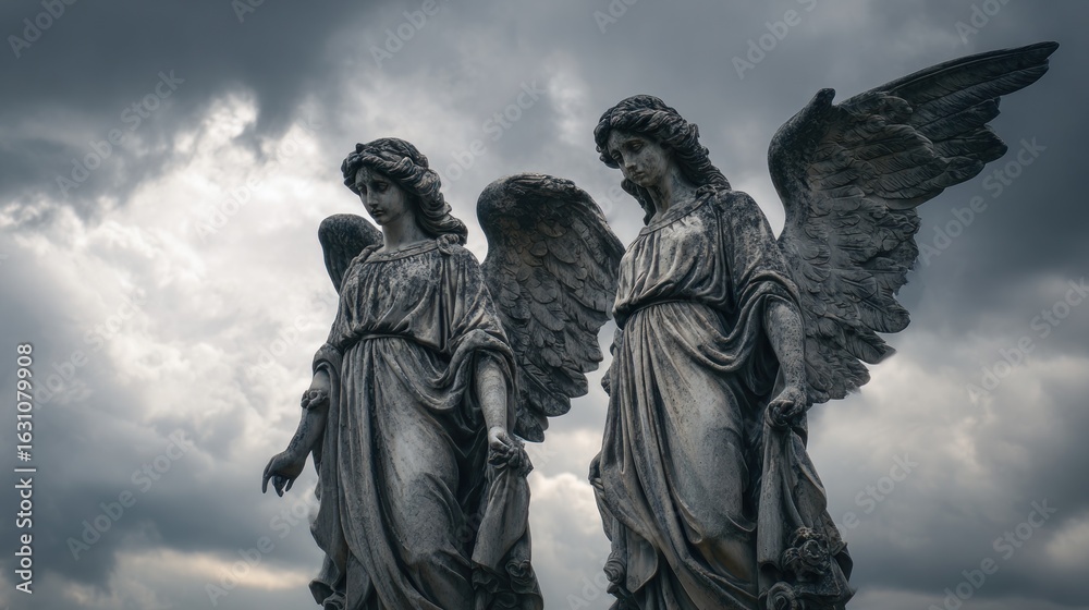 Fototapeta premium Serene Angels Under a Cloudy Sky: A Stunning Gravestone Sculpture