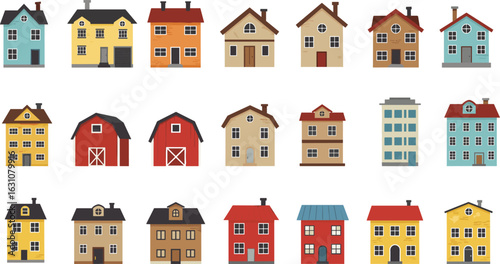 Flat vector house icon set, colorful building collection, residential and commercial architecture, cartoon homes, barn illustration, apartment blocks for real estate, property design