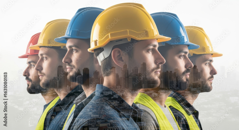 Obraz premium Diverse group of construction workers wearing hard hats and safety vests in a unified team formation