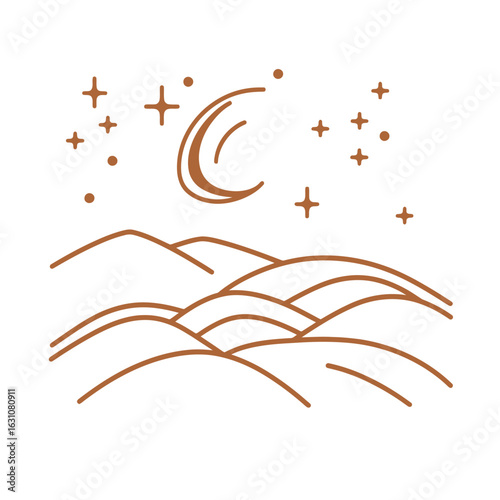 Minimalist Crescent Moon Shining Among Stars Over Abstract Landscape Design