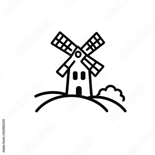 Minimalist Outline of a Windmill on a Hill with Bush Beside It