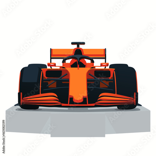 Vibrant orange f1 car vector graphic on display podium