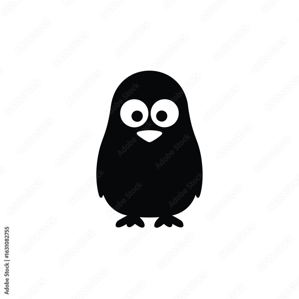 Naklejka premium Simple black silhouette of a cute cartoon bird character with large, expressive eyes. A minimalist animal logo or icon design isolated on a white background.