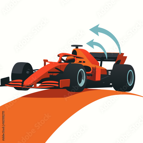 An orange f1 racing car speeding on a track with motion arrows indicating speed and movement in a vector illustration