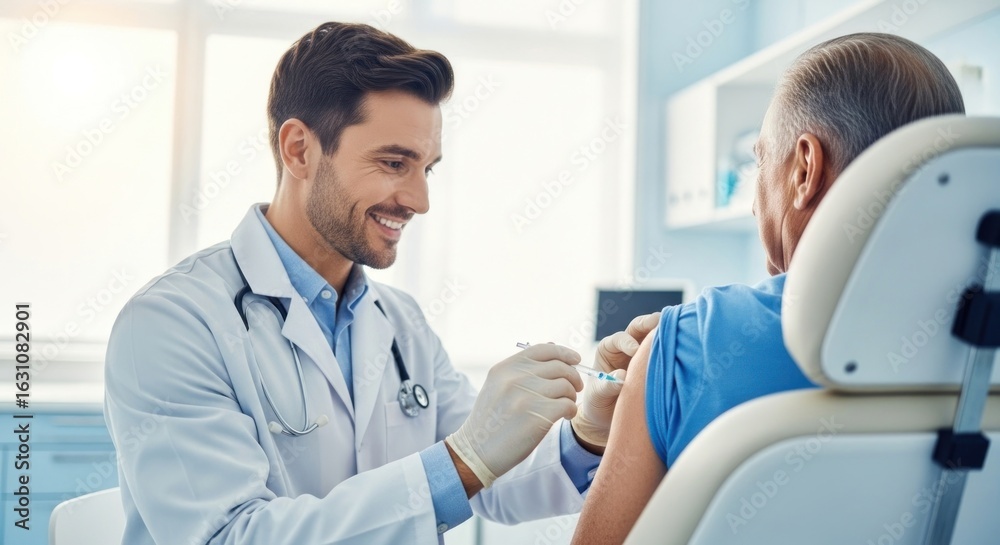 Obraz premium A doctor giving a vaccine to an elderly patient in a medical office.