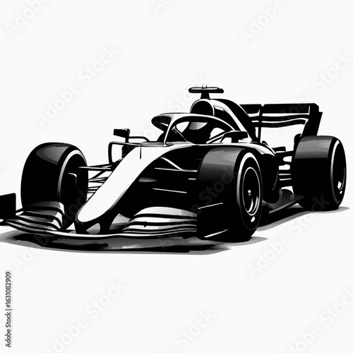 Black and white f1 racing car vector graphic on clean white background
