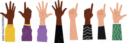 Diverse hands vector illustration showing different gestures, cartoon flat style arms, multicultural design, inclusive hand pose collection for education, communication, and graphic use