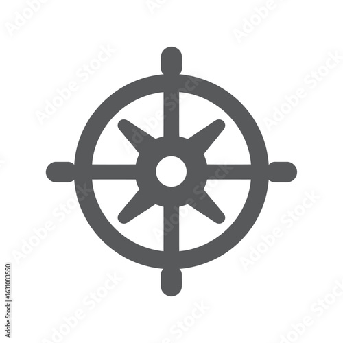 Simple, minimalist graphic icon of a steering wheel or compass, symbolizing direction, navigation, and leadership on a white background.