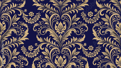Navy blue background with gold ornate floral damask pattern vector